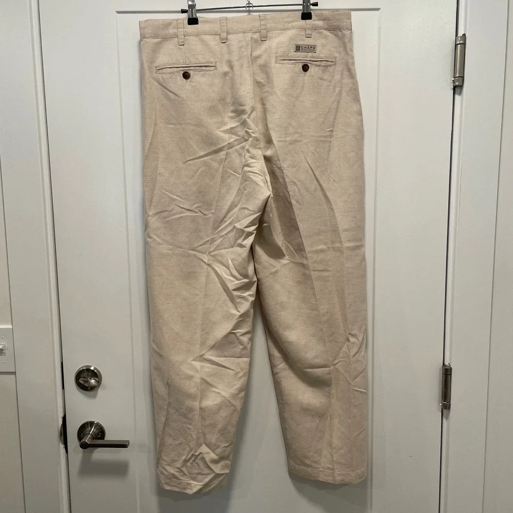 Chaps Ralph Lauren Mens Beige Linen‎ Cotton Pleated Dress Pants Trousers 36x30